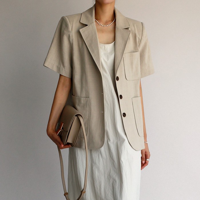 Motif half-sleeved linen jacket