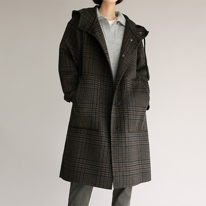 Hooded Check Handmade Long Coat