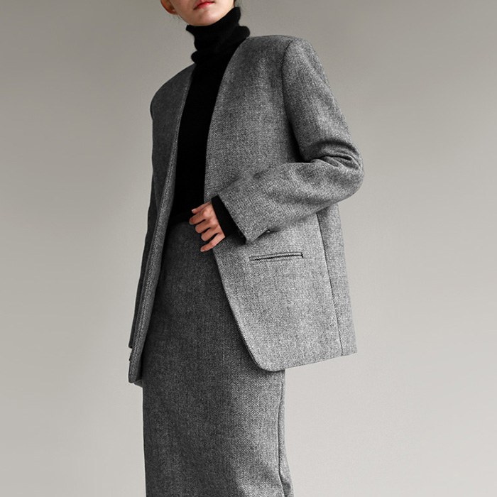 Collarless Herringbone Wool Jacket