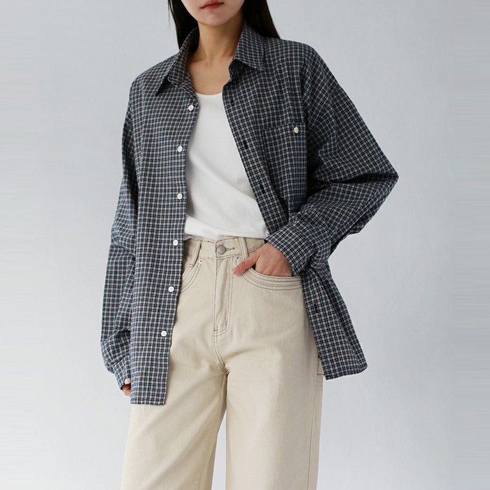 Loose-fit fine check long shirt