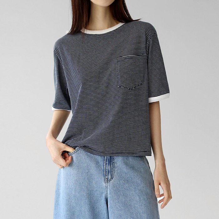 Neck sleeve color combination stripe tee