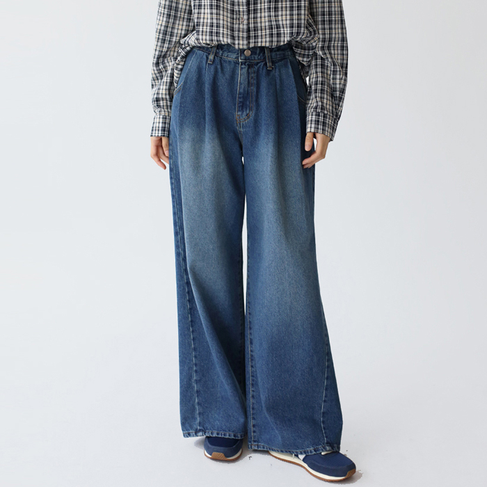 Pintuck wide denim pants