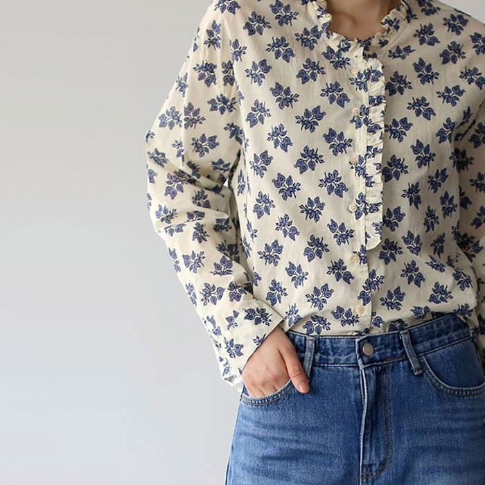 [New Arrivals 7% Off - Until 11 AM on the 23rd] Frill Neck Flower Blouse