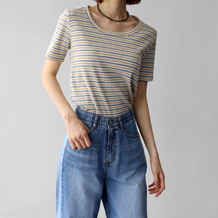 [New Arrivals 7% - Until 11 AM on the 8th] Stripe Corrugated Half Tee