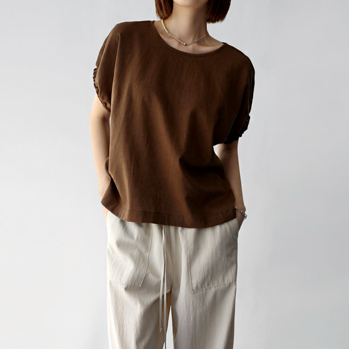 [New Arrival 7% - Until 11 AM on the 17th] Linen Blend Sleeve-Banding Top