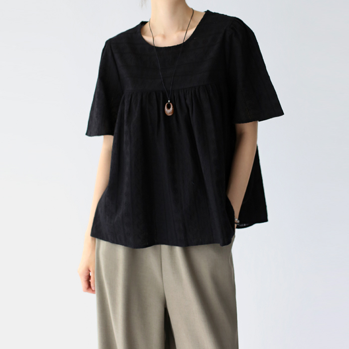 Embroidered shirred blouse