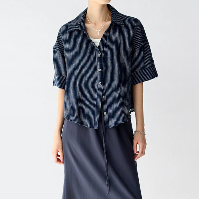 [New Arrivals 7% Off - Until 11 AM on the 5th] Stripe Linen Crop Shirt