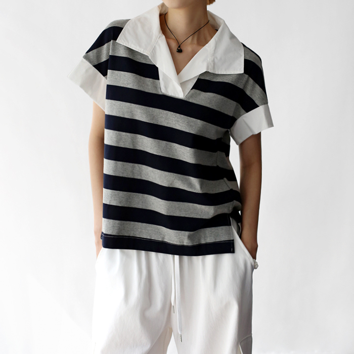 [New Arrivals 7% - Until 11 AM on the 5th] Shirt Collar Striped Tee