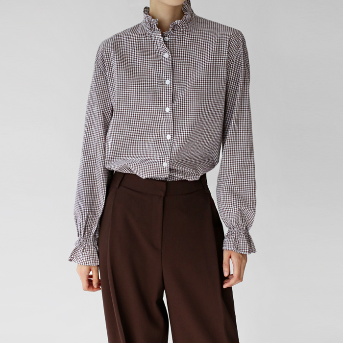 [New Arrival 7% - Until 11 AM on the 6th] Gingham Check Frill Neck Shirt